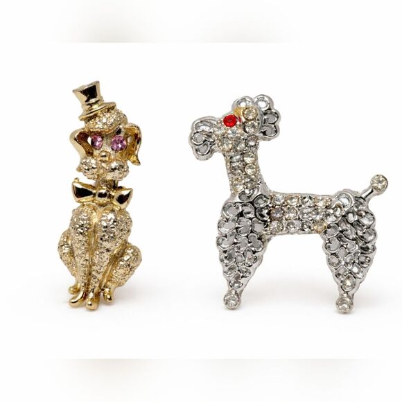 Source Unknown Jewelry - Vintage Poodle Brooch Pair Rhinestone Dog Pins Gold Silver Figural Grandmacore
